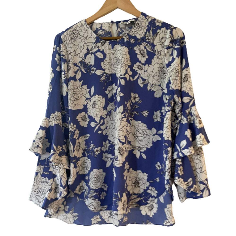 Witchery‎ Size 10 Women's Blue Floral Bell Sleeve Blouse Hi-Low Hem Keyhole Back